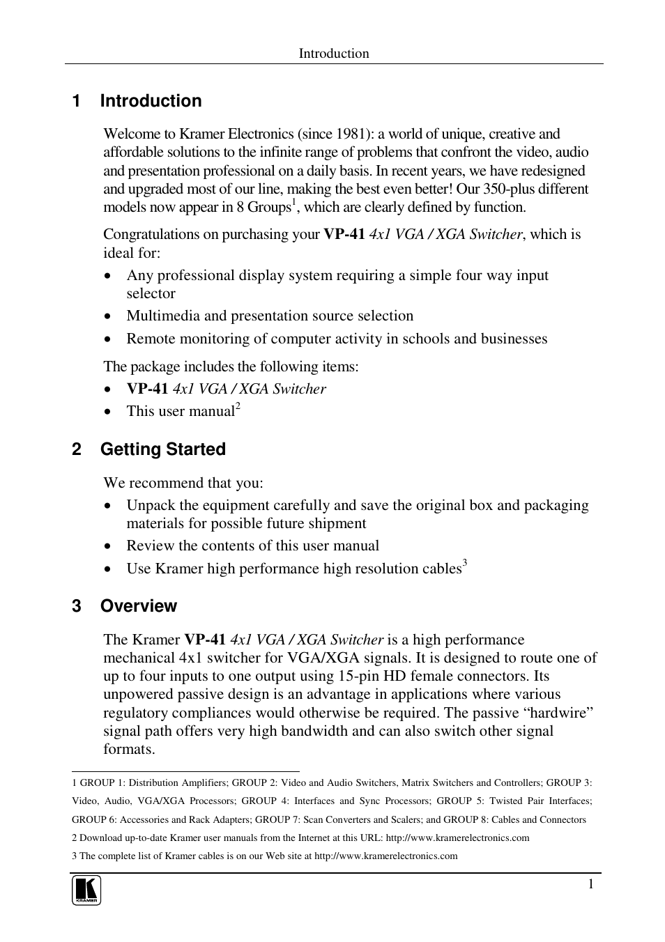 1 introduction, 2 getting started, 3 overview | Kramer Electronics VP-41 User Manual | Page 3 / 8