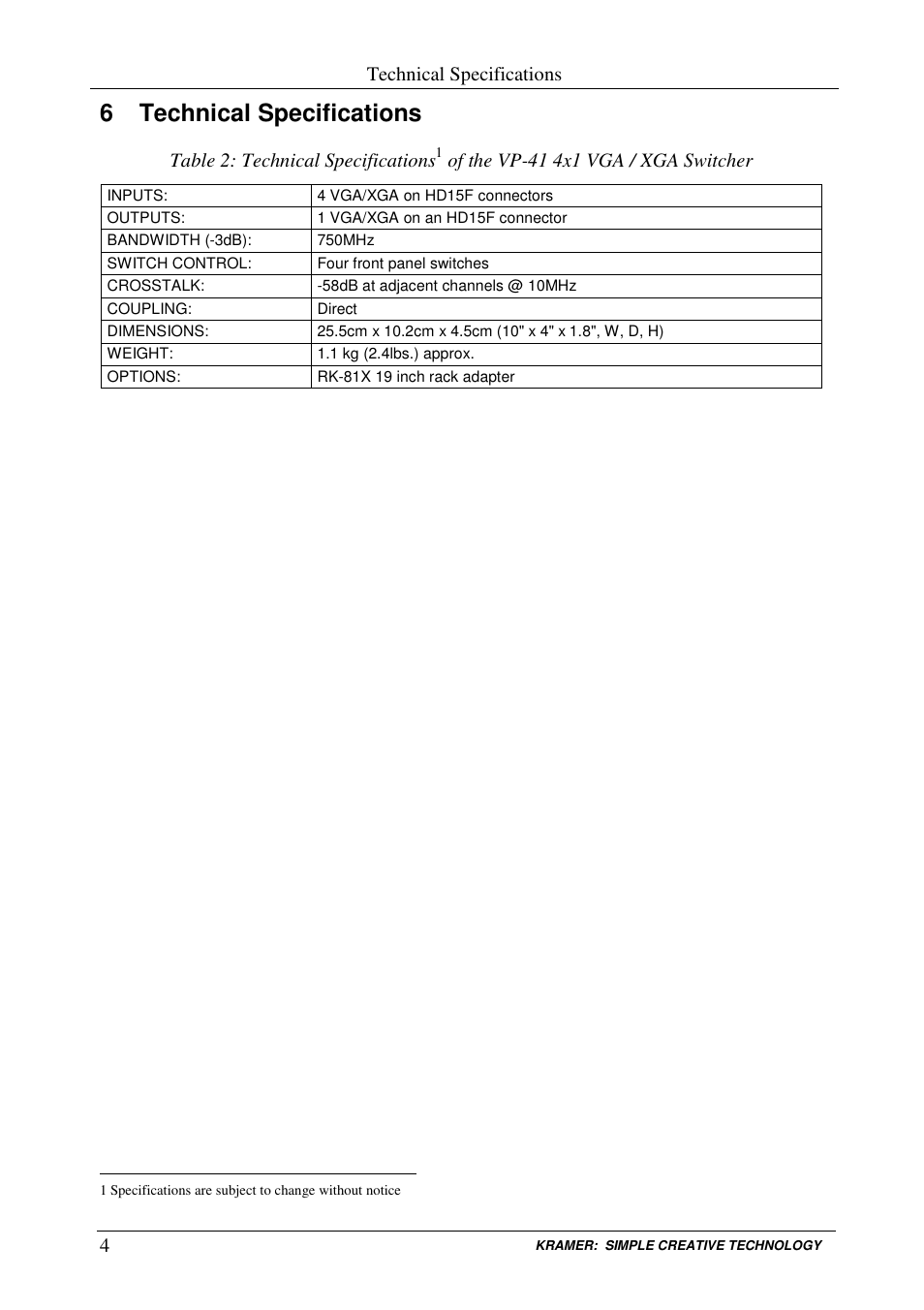 6 technical specifications | Kramer Electronics VP-41 User Manual | Page 6 / 8