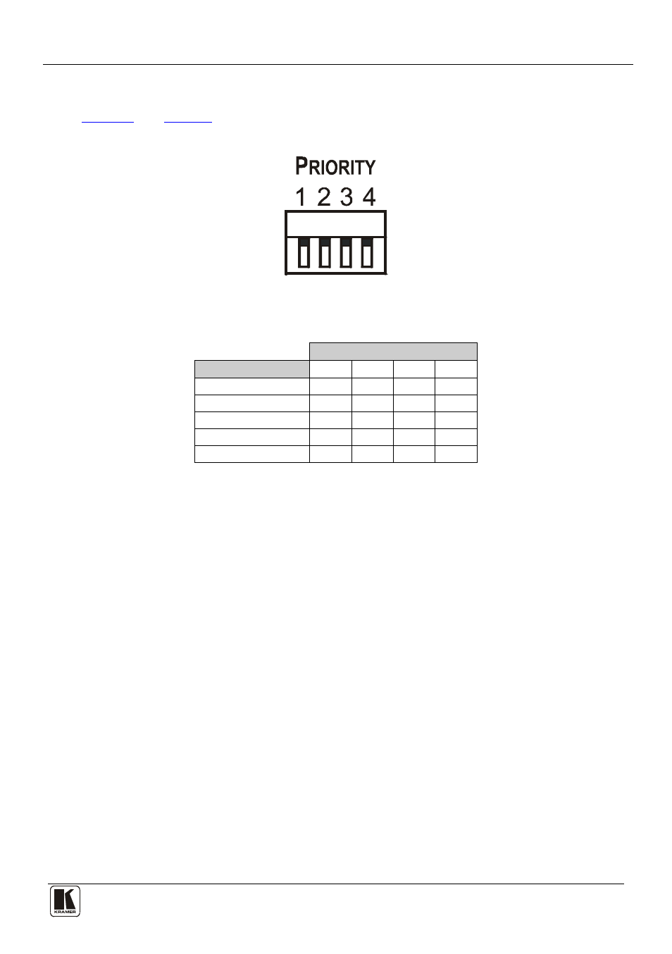 2 setting the priority dip-switches, Setting the priority dip-switches, Figure 4: vp-411ds | Dip-switches, Table 3: dip-switch priority setup, N 5.2 | Kramer Electronics VP-411DS User Manual | Page 11 / 22