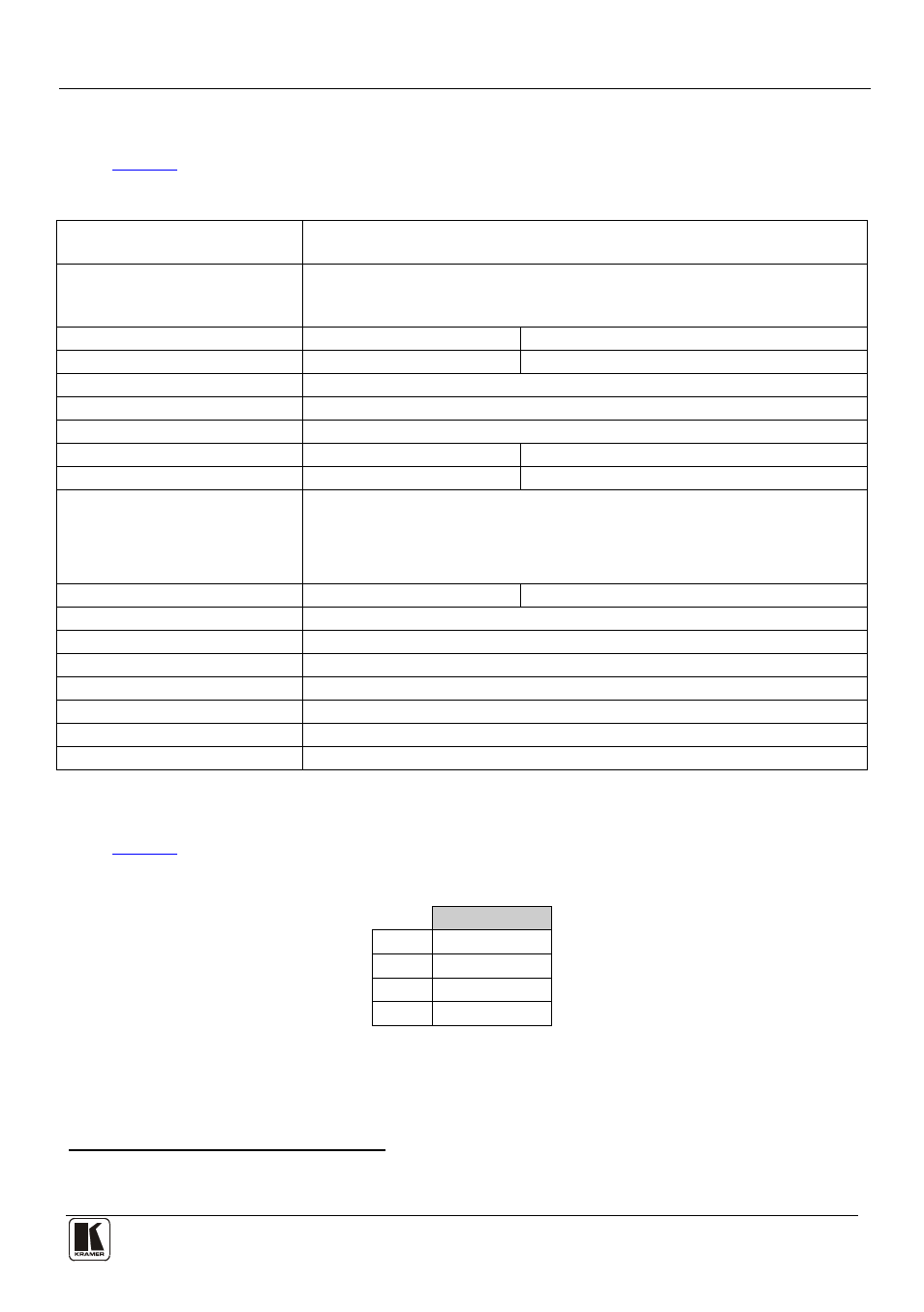 7 technical specifications, 8 table of hex codes for serial communication, Technical specifications | Table of hex codes for serial communication, Table 4: technical specifications of the vp-411ds, Table 5: vp-411ds, Hex codes for switching via rs-232, Table 4 includes the technical specifications, Table 5 lists the hex values, Table 4: technical specifications | Kramer Electronics VP-411DS User Manual | Page 17 / 22