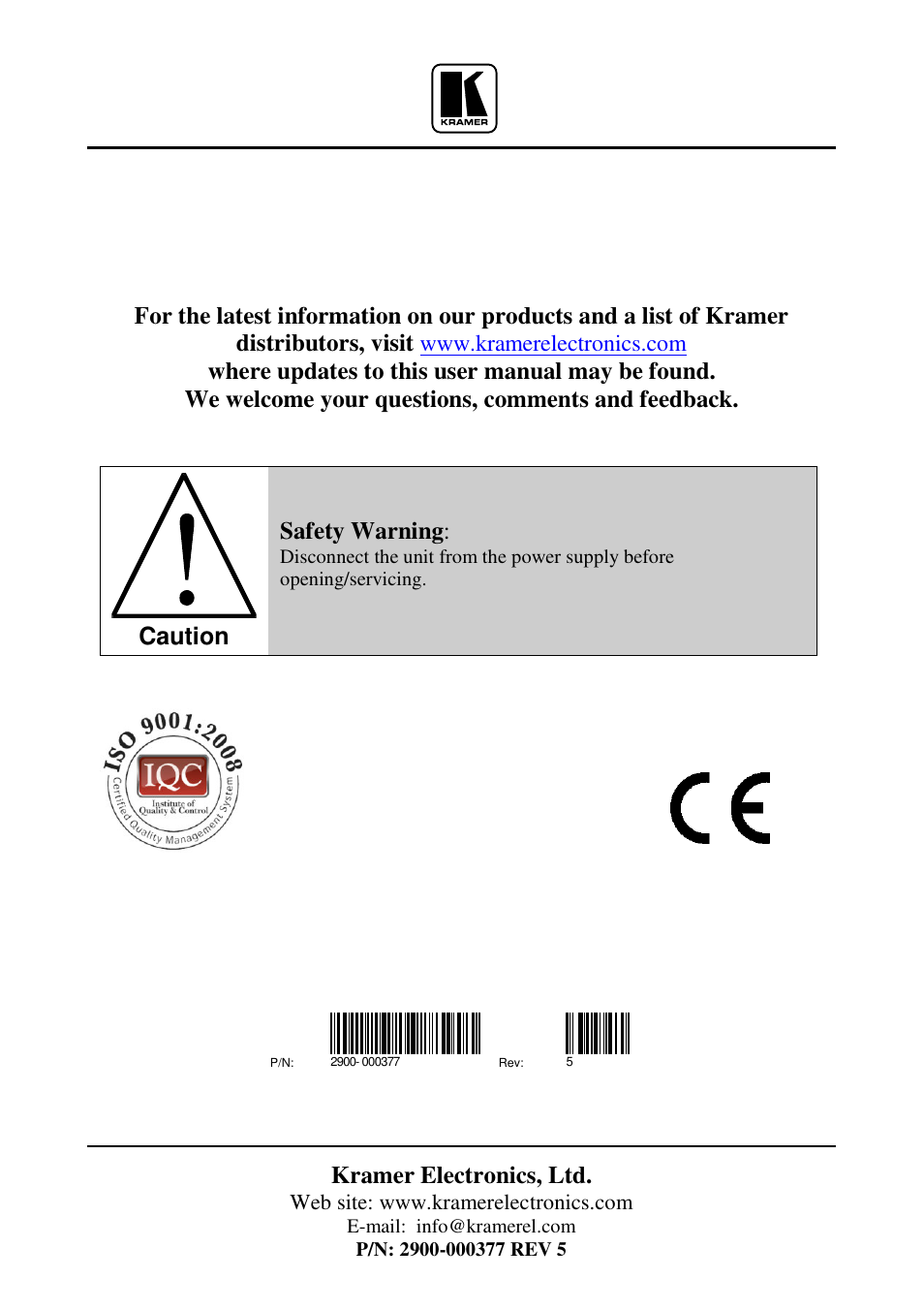 Kramer electronics, ltd, Caution, Safety warning | Kramer Electronics VP-411DS User Manual | Page 22 / 22