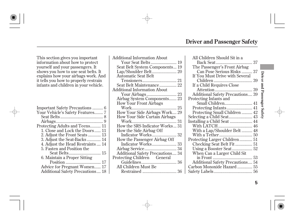 Driver and passenger safety | Acura 2009 TSX User Manual | Page 11 / 526