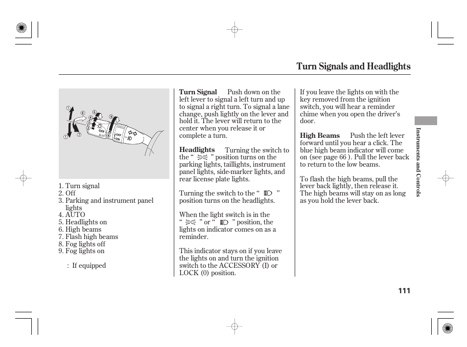 Turn signals and headlights | Acura 2009 TSX User Manual | Page 117 / 526