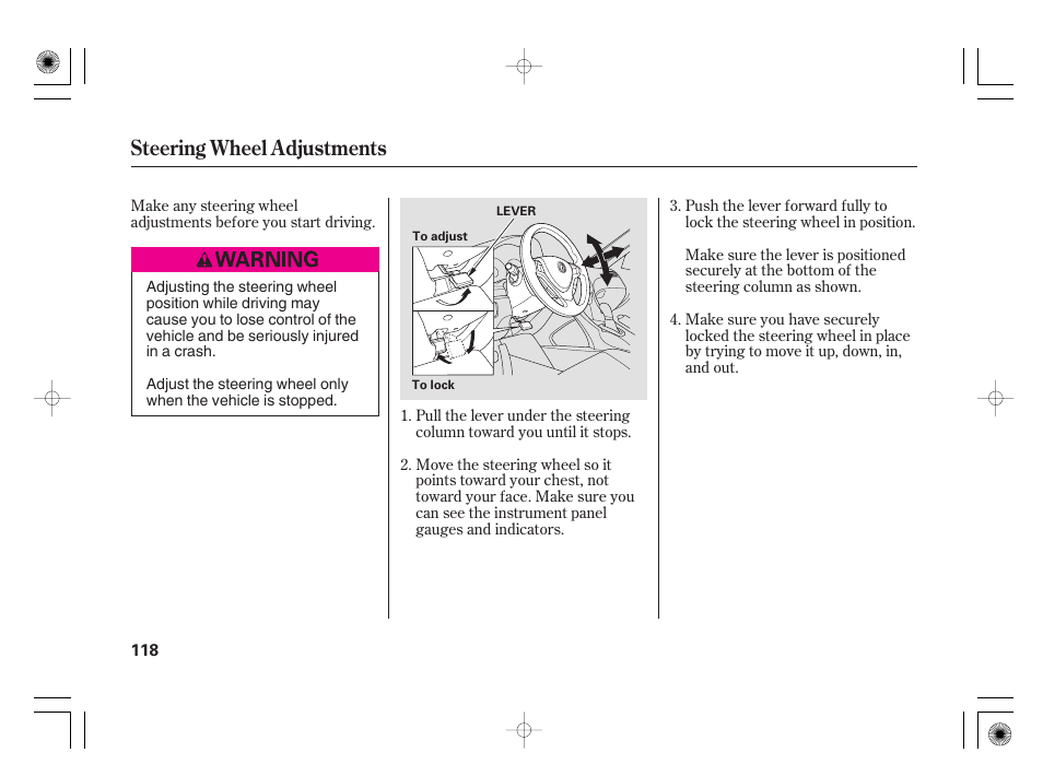 Steering wheel adjustments | Acura 2009 TSX User Manual | Page 124 / 526
