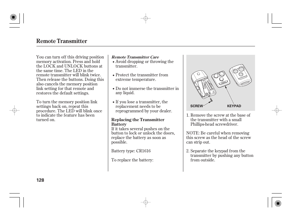 Remote transmitter | Acura 2009 TSX User Manual | Page 134 / 526