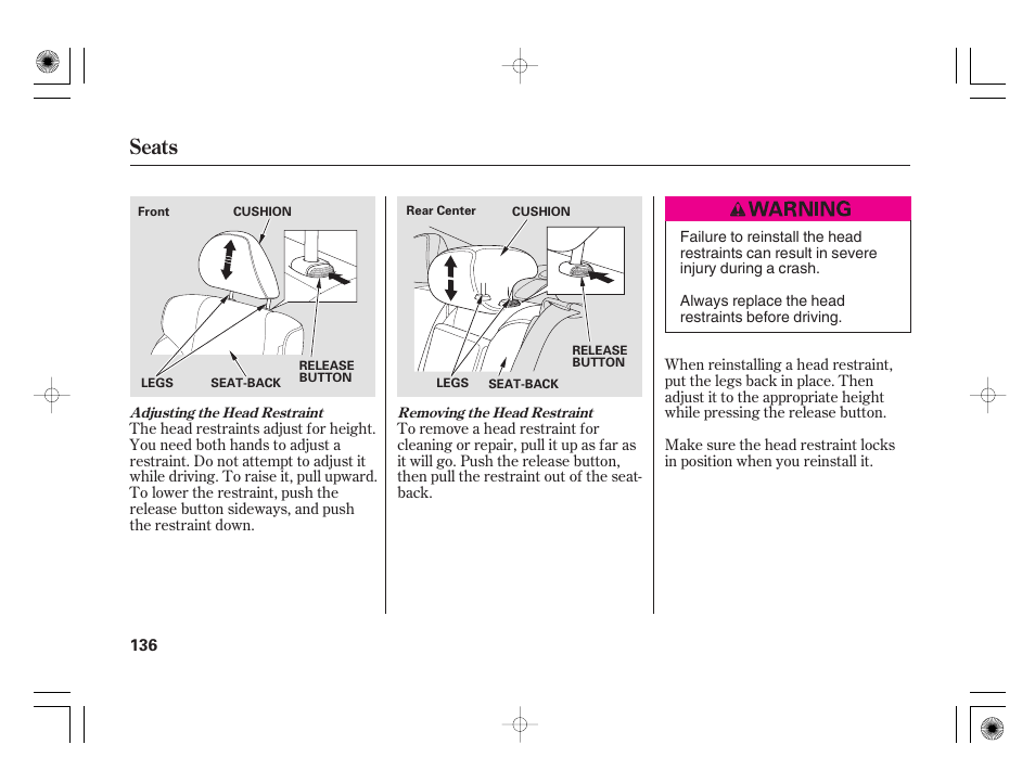 Seats | Acura 2009 TSX User Manual | Page 142 / 526