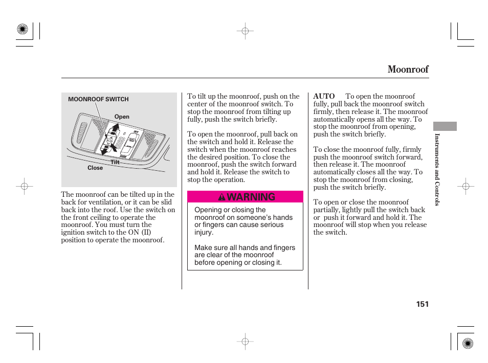 Moonroof | Acura 2009 TSX User Manual | Page 157 / 526