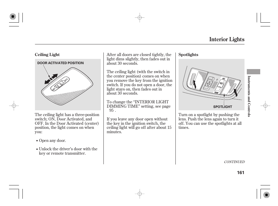 Interior lights | Acura 2009 TSX User Manual | Page 167 / 526