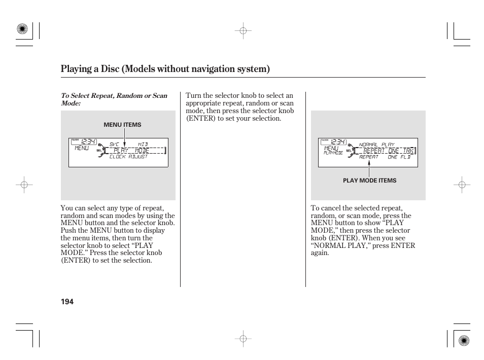 Playing a disc (models without navigation system) | Acura 2009 TSX User Manual | Page 200 / 526