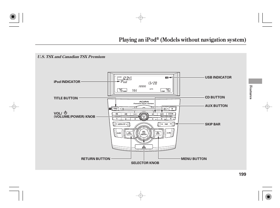 Playing an ipod (models without navigation system) | Acura 2009 TSX User Manual | Page 205 / 526