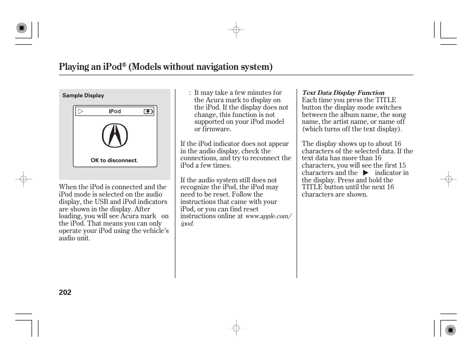 Playing an ipod (models without navigation system) | Acura 2009 TSX User Manual | Page 208 / 526