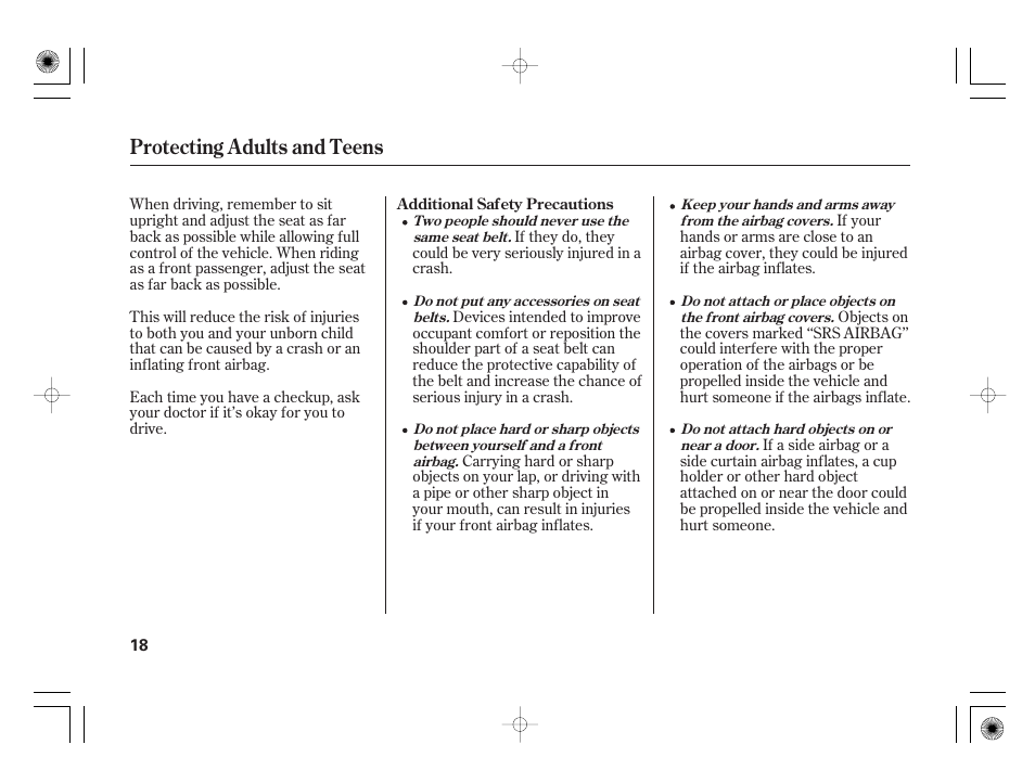 Protecting adults and teens | Acura 2009 TSX User Manual | Page 24 / 526