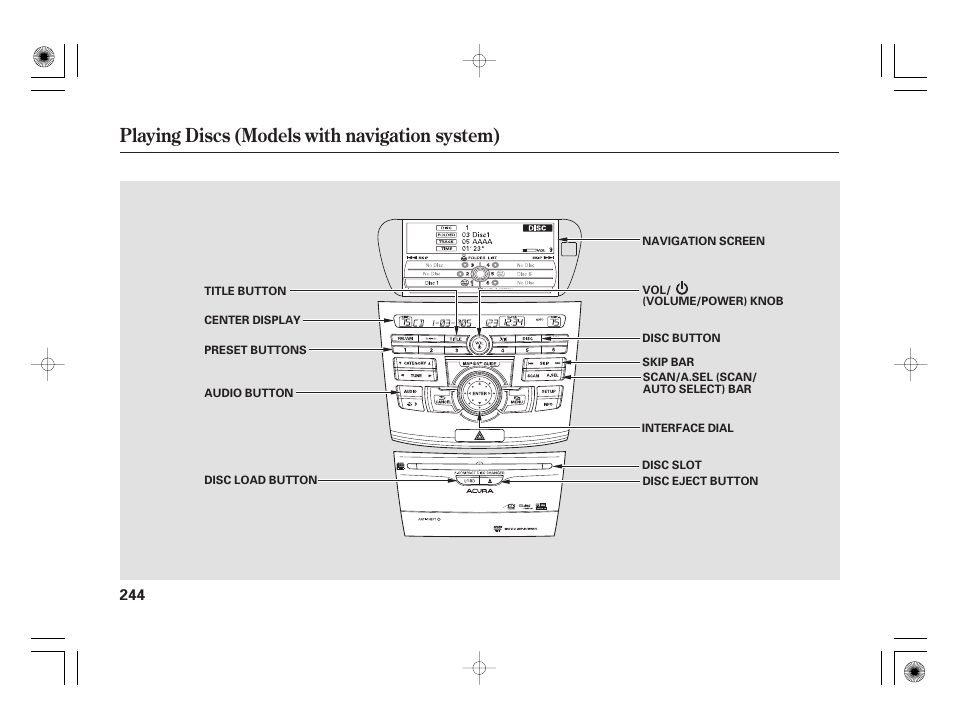 Playing discs (models with navigation system) | Acura 2009 TSX User Manual | Page 250 / 526