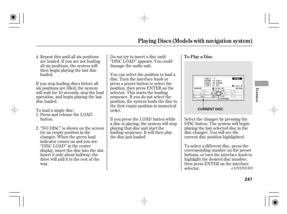 Playing discs (models with navigation system) | Acura 2009 TSX User Manual | Page 253 / 526