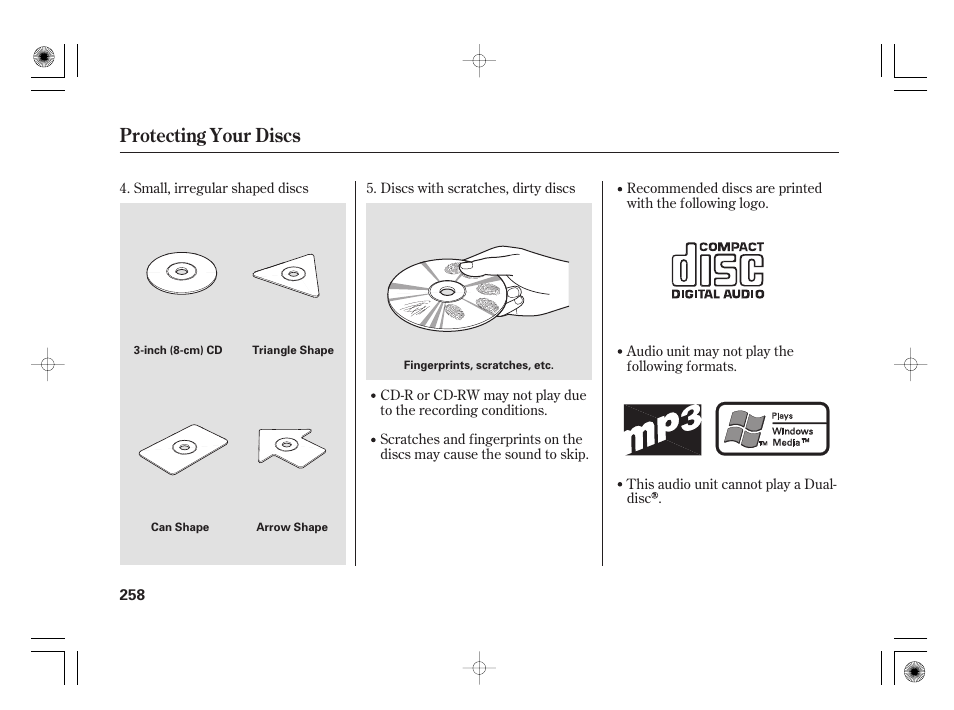 Protecting your discs | Acura 2009 TSX User Manual | Page 264 / 526