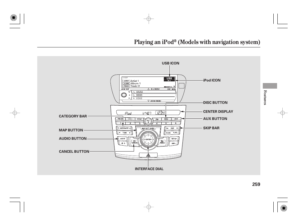 Playing an ipod (models with navigation system) | Acura 2009 TSX User Manual | Page 265 / 526