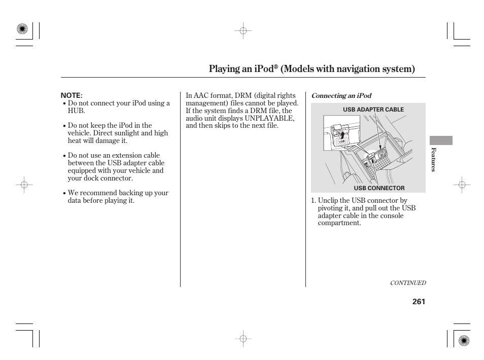 Playing an ipod (models with navigation system) | Acura 2009 TSX User Manual | Page 267 / 526