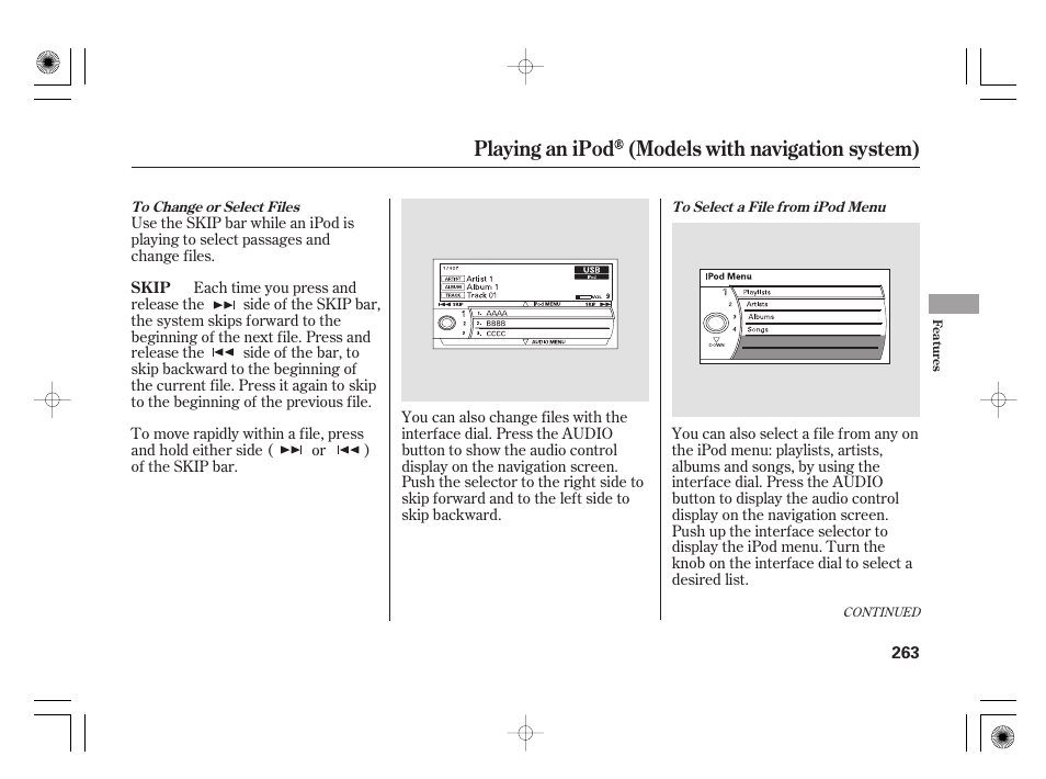 Playing an ipod (models with navigation system) | Acura 2009 TSX User Manual | Page 269 / 526