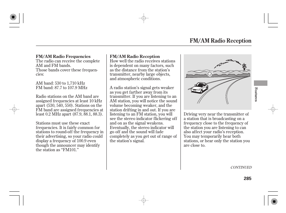Fm/am radio reception | Acura 2009 TSX User Manual | Page 291 / 526