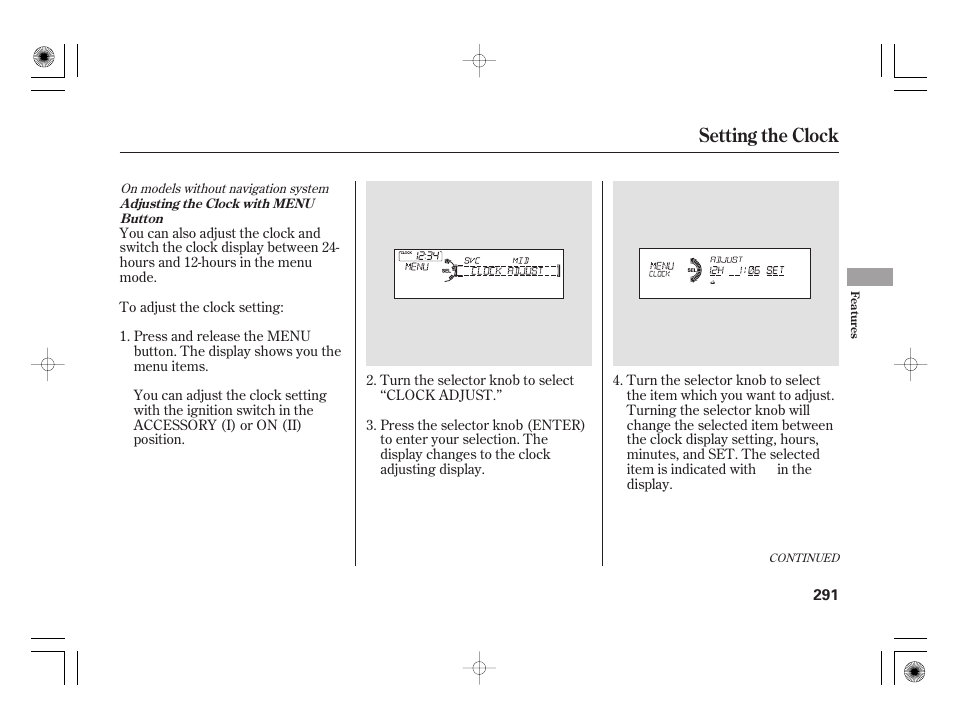 Setting the clock | Acura 2009 TSX User Manual | Page 297 / 526