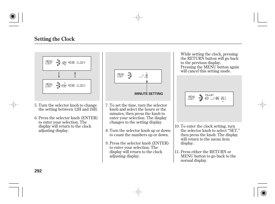 Setting the clock | Acura 2009 TSX User Manual | Page 298 / 526