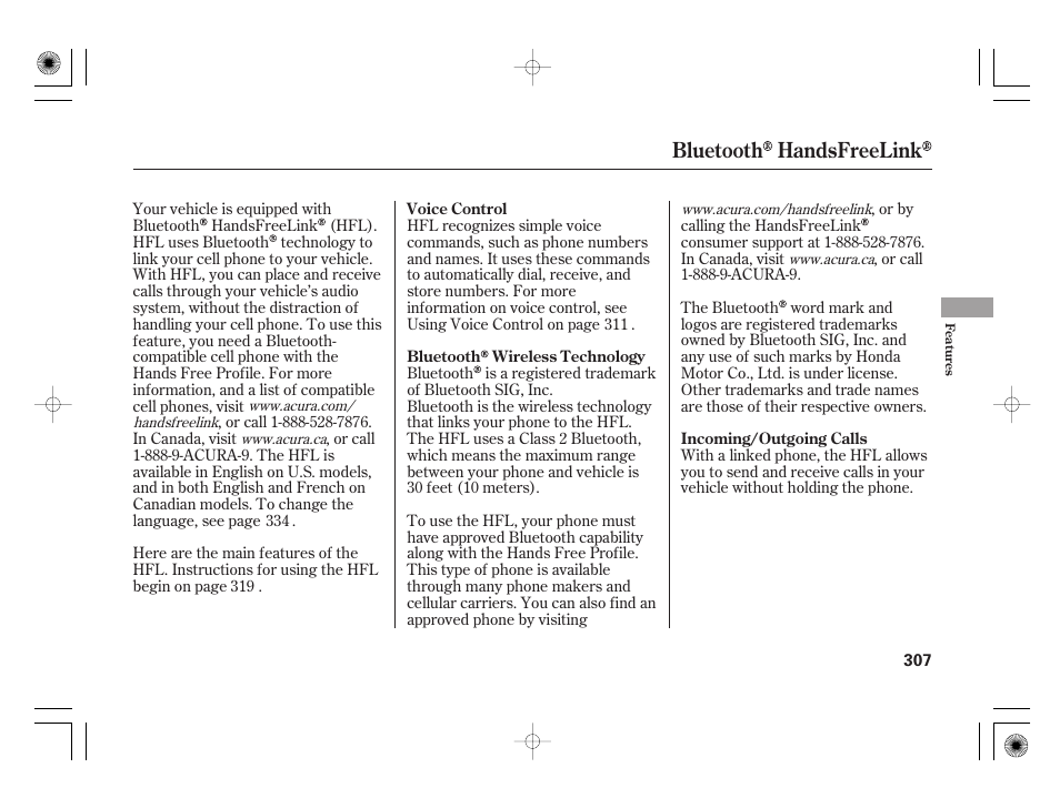 Bluetooth handsfreelink | Acura 2009 TSX User Manual | Page 313 / 526