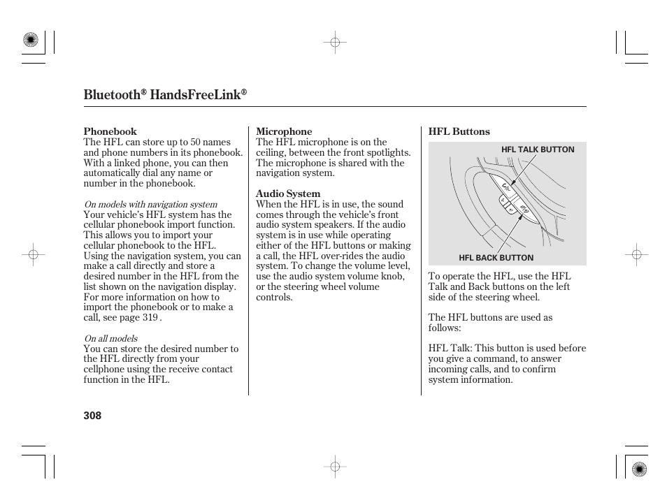 Bluetooth handsfreelink | Acura 2009 TSX User Manual | Page 314 / 526