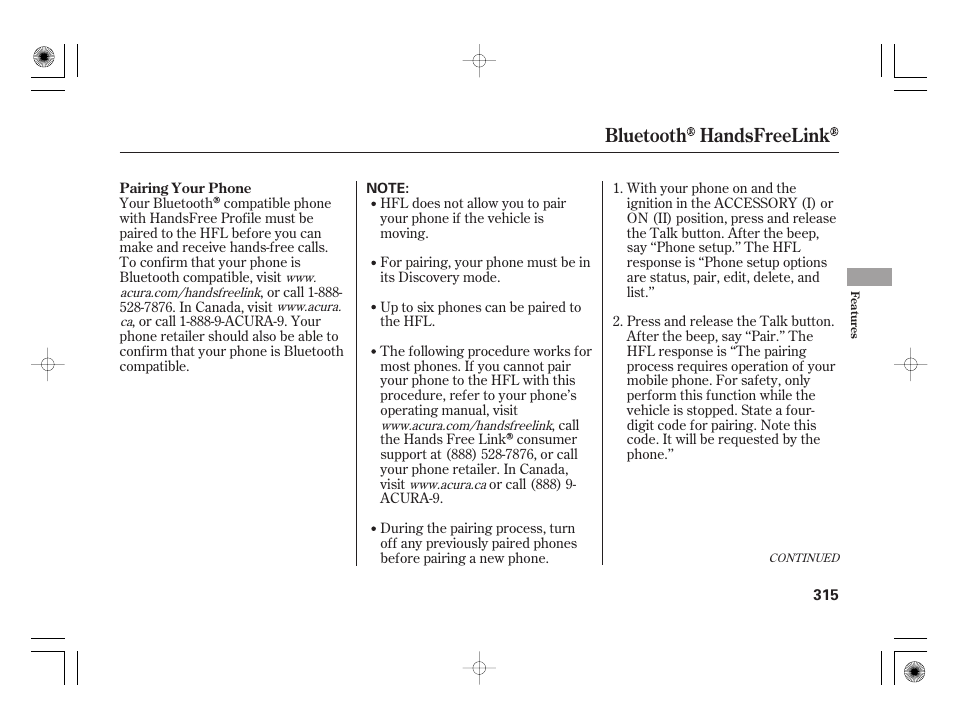 Bluetooth handsfreelink | Acura 2009 TSX User Manual | Page 321 / 526
