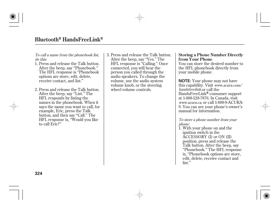 Bluetooth handsfreelink | Acura 2009 TSX User Manual | Page 330 / 526
