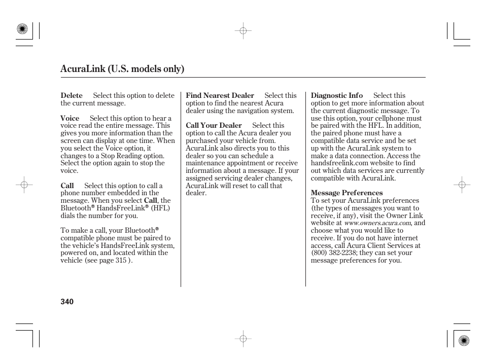 Acuralink (u.s. models only) | Acura 2009 TSX User Manual | Page 346 / 526