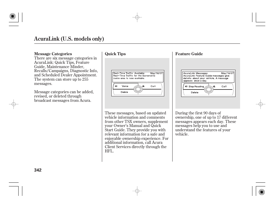Acuralink (u.s. models only) | Acura 2009 TSX User Manual | Page 348 / 526