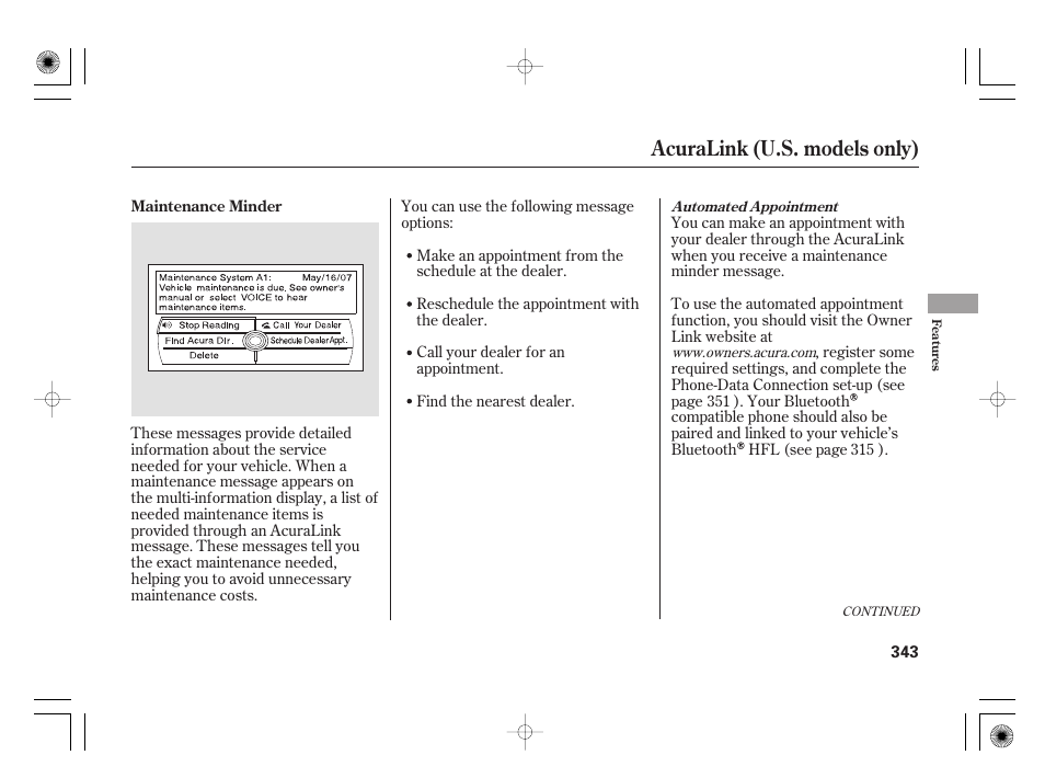 Acuralink (u.s. models only) | Acura 2009 TSX User Manual | Page 349 / 526