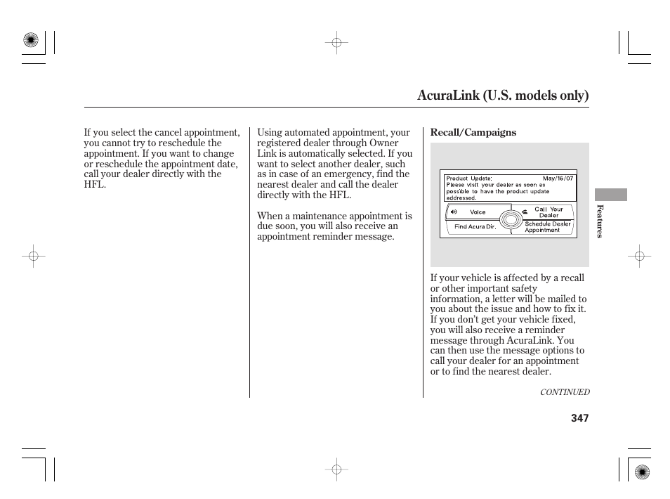 Acuralink (u.s. models only) | Acura 2009 TSX User Manual | Page 353 / 526