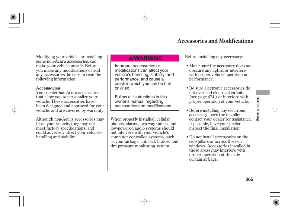 Accessories and modifications | Acura 2009 TSX User Manual | Page 371 / 526