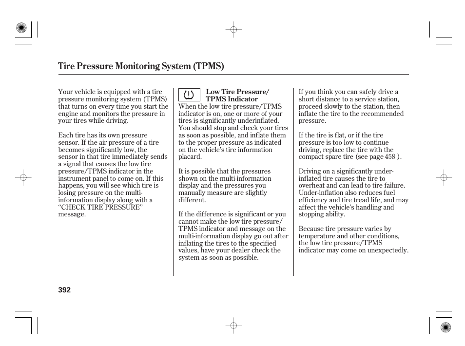 Tire pressure monitoring system (tpms) | Acura 2009 TSX User Manual | Page 398 / 526