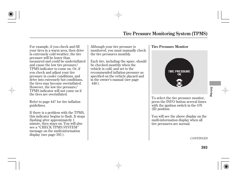 Tire pressure monitoring system (tpms) | Acura 2009 TSX User Manual | Page 399 / 526