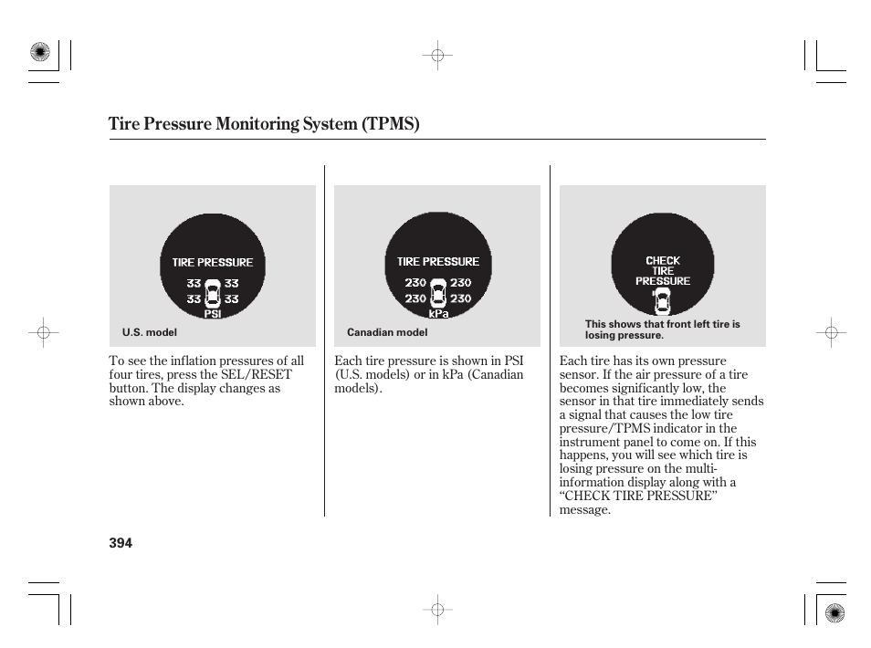 Tire pressure monitoring system (tpms) | Acura 2009 TSX User Manual | Page 400 / 526