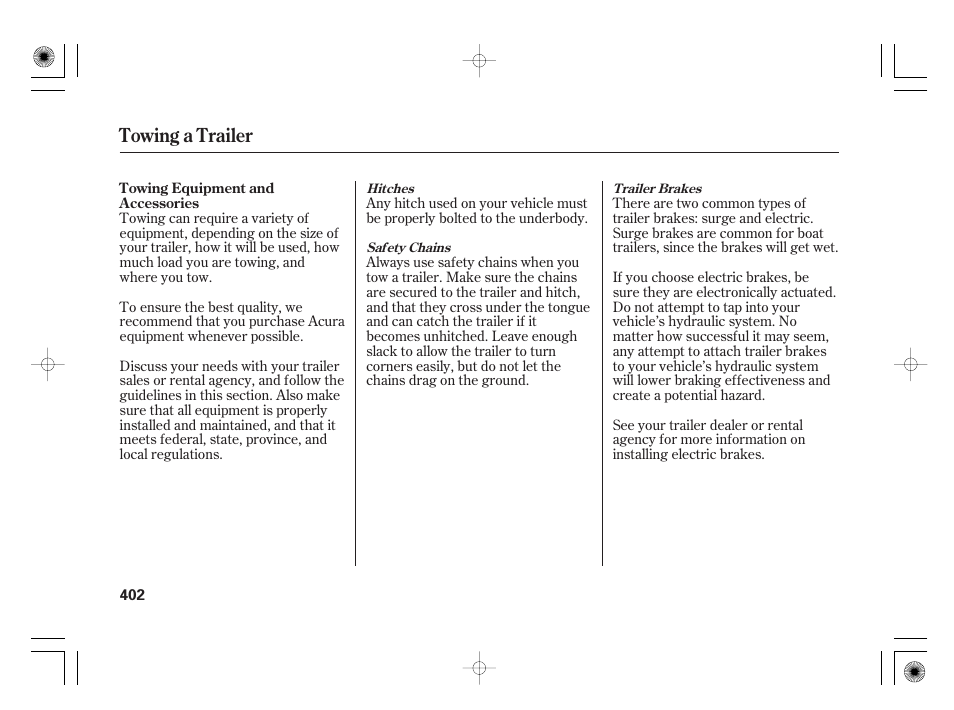 Towing a trailer | Acura 2009 TSX User Manual | Page 408 / 526