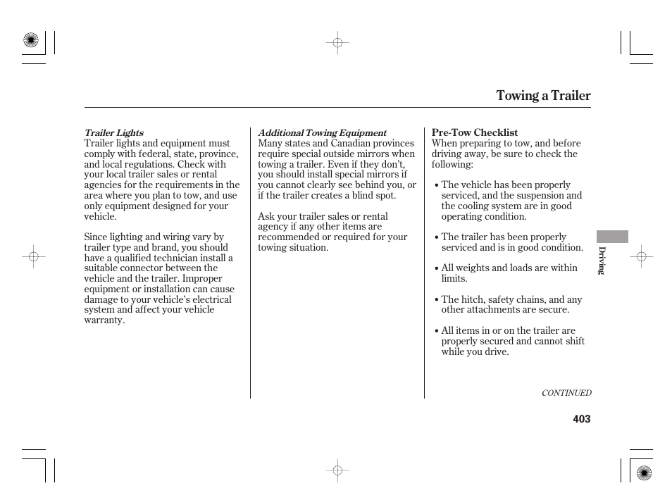 Towing a trailer | Acura 2009 TSX User Manual | Page 409 / 526