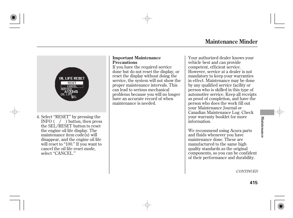 Maintenance minder | Acura 2009 TSX User Manual | Page 421 / 526