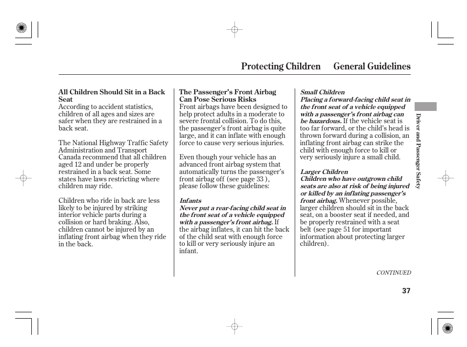 Protecting children general guidelines | Acura 2009 TSX User Manual | Page 43 / 526