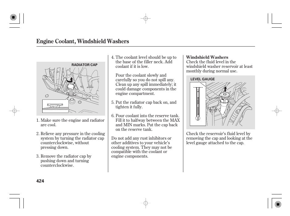 Engine coolant, windshield washers | Acura 2009 TSX User Manual | Page 430 / 526