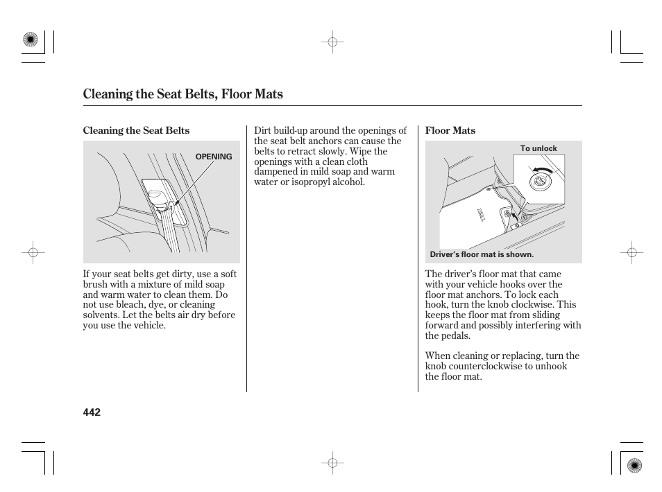 Cleaning the seat belts, floor mats | Acura 2009 TSX User Manual | Page 448 / 526