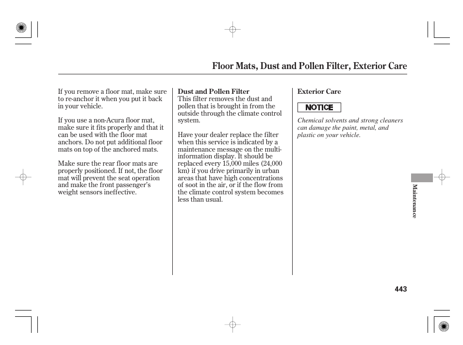 Floor mats, dust and pollen filter, exterior care | Acura 2009 TSX User Manual | Page 449 / 526