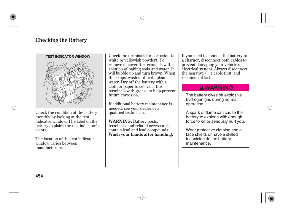 Checking the battery | Acura 2009 TSX User Manual | Page 460 / 526