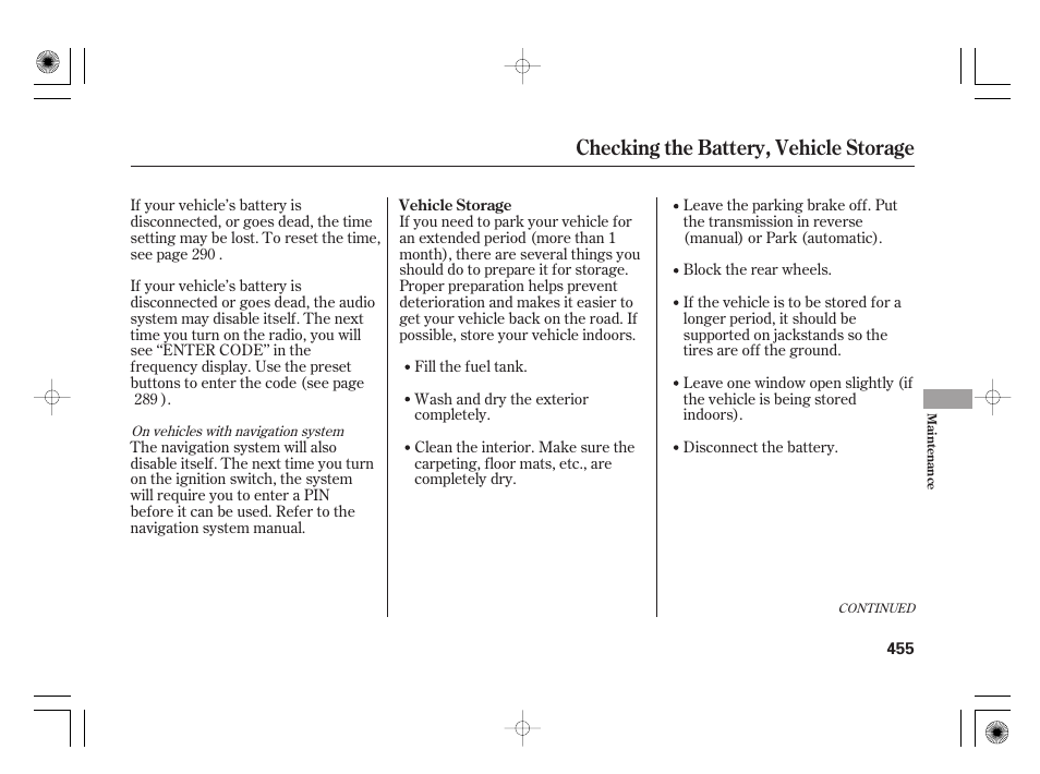 Checking the battery, vehicle storage | Acura 2009 TSX User Manual | Page 461 / 526