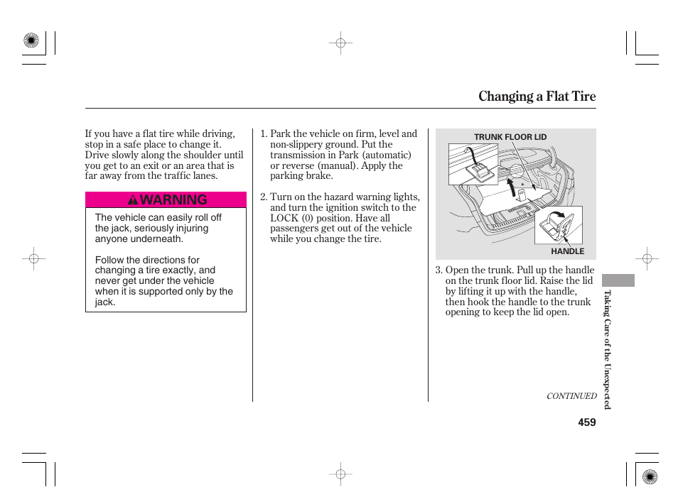 Changing a flat tire | Acura 2009 TSX User Manual | Page 465 / 526