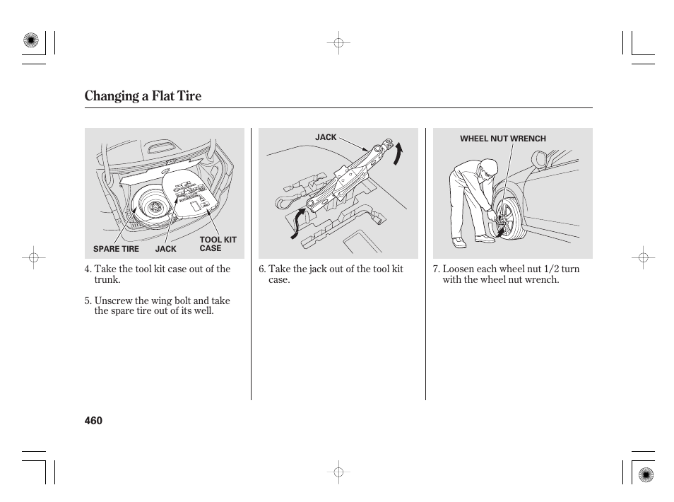 Changing a flat tire | Acura 2009 TSX User Manual | Page 466 / 526