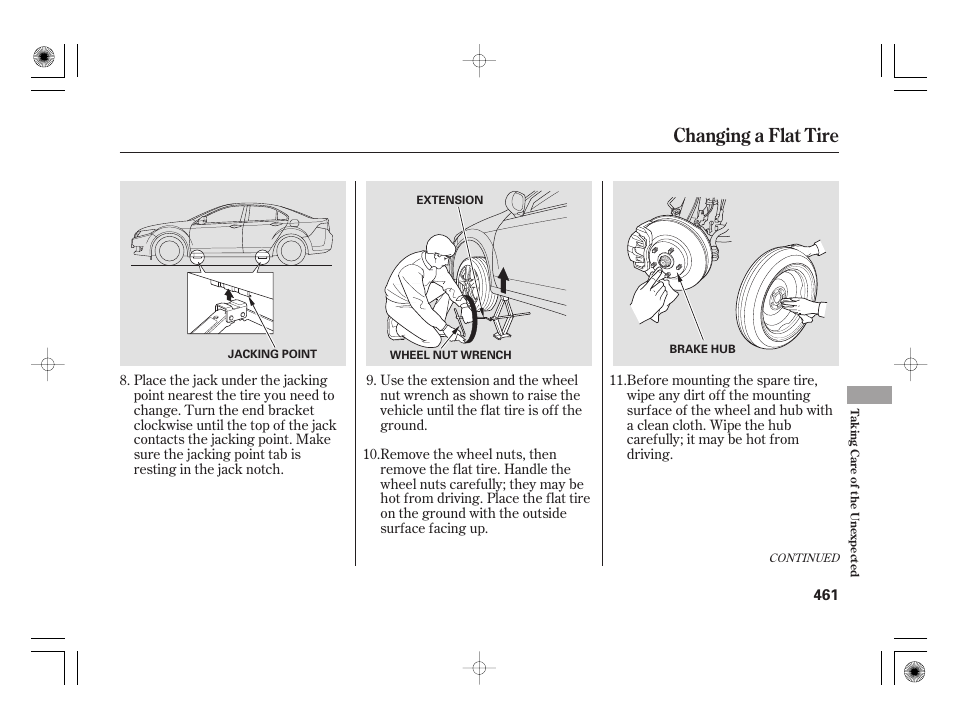 Changing a flat tire | Acura 2009 TSX User Manual | Page 467 / 526