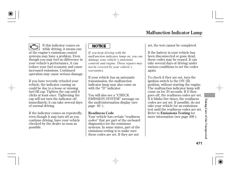 Malfunction indicator lamp | Acura 2009 TSX User Manual | Page 477 / 526